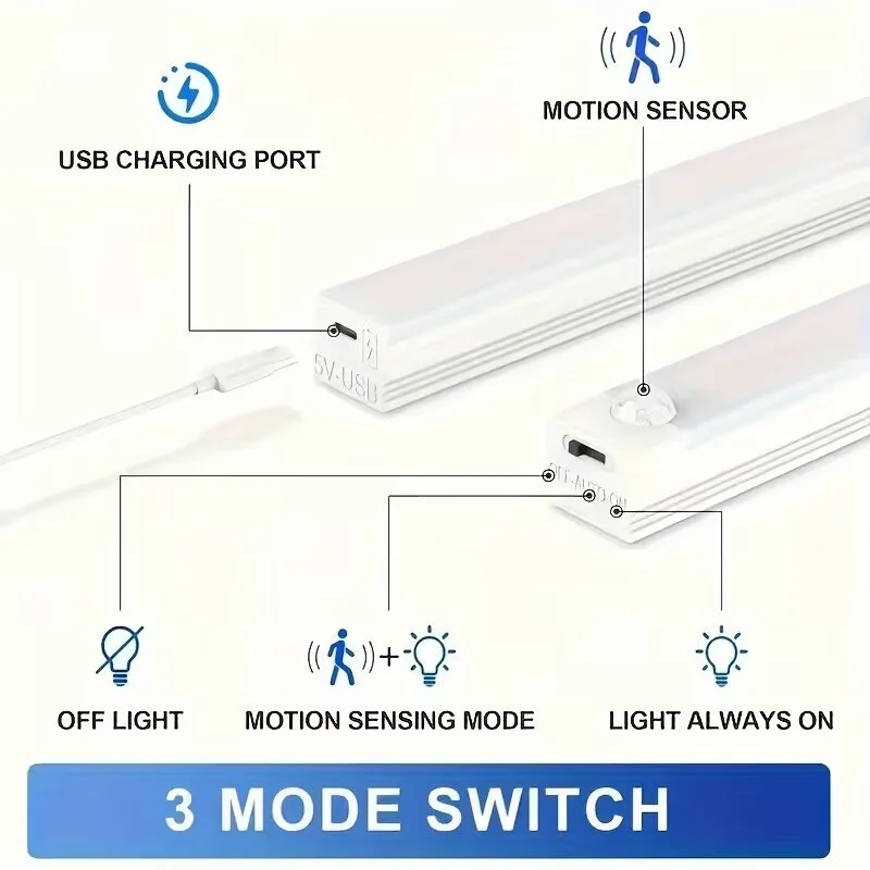 Wireless Rechargeable LED Motion Sensor Night Light Cabinet Light For Closet Kitchen Wardrobe Stairs