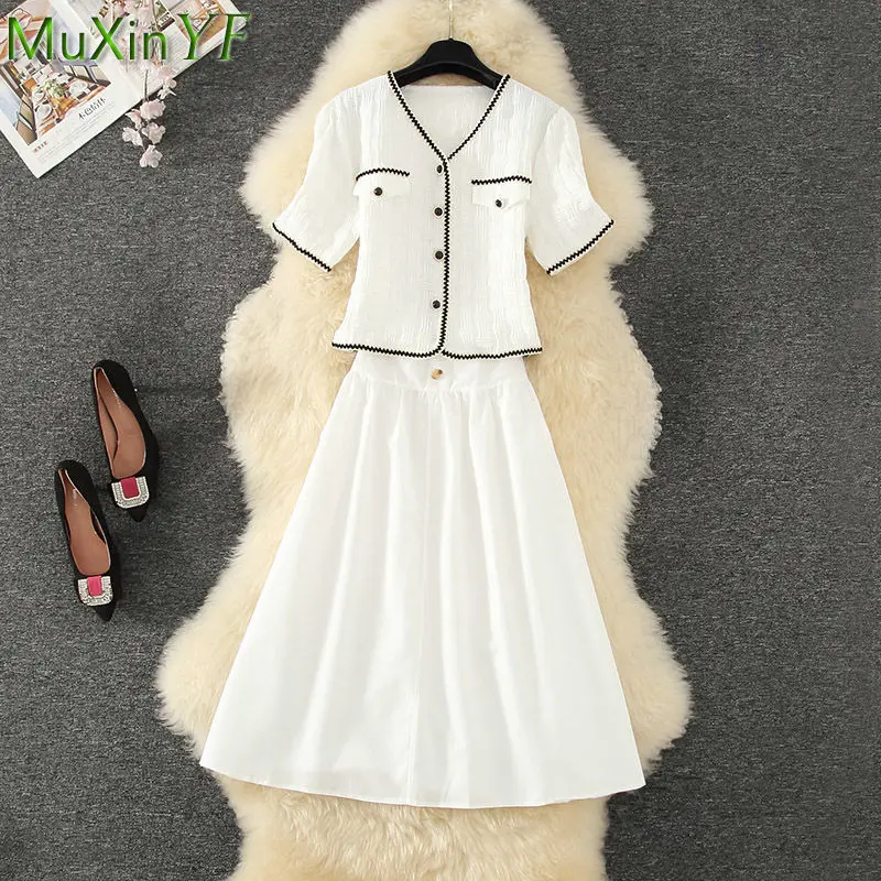 

2022 Lady Graceful Two Pieces Dress Set Women's Korean Elegant Patchwork V-Neck White Shirt High Waist Skirts Outfits Clothing