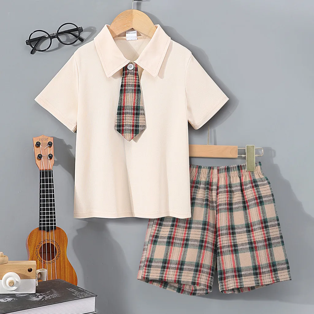 【Free Tie】2 Pcs Set Baby Boys Clothes Short Sleeve Polo Shirt+Shorts 3-7 Years Old Summer Casual Khaki Plaid Kids Boy Suit