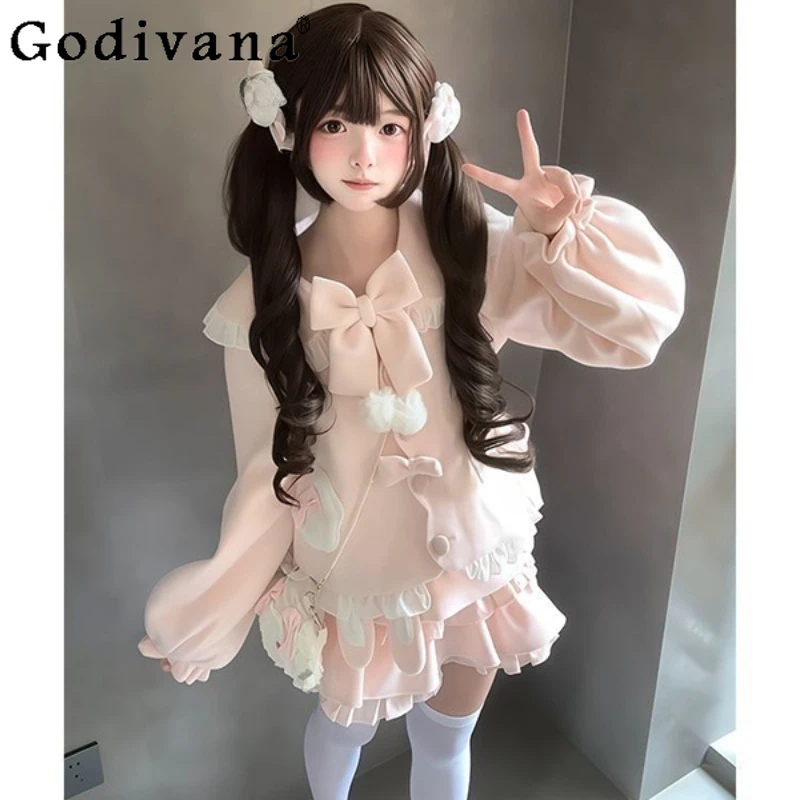 

Pink Cute Bunny Soft Fluffy Outfit Female Sweet Cute Coat Short Skirt Set Japanese Style Street Wear Lolita Suits for Women