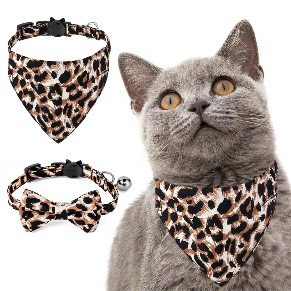 100% Cotton Leopard Print Safety Buckle Breakaway with Cute Bow Tie and Bell for Kitten Adjustable Pets Bandana Cat Collar