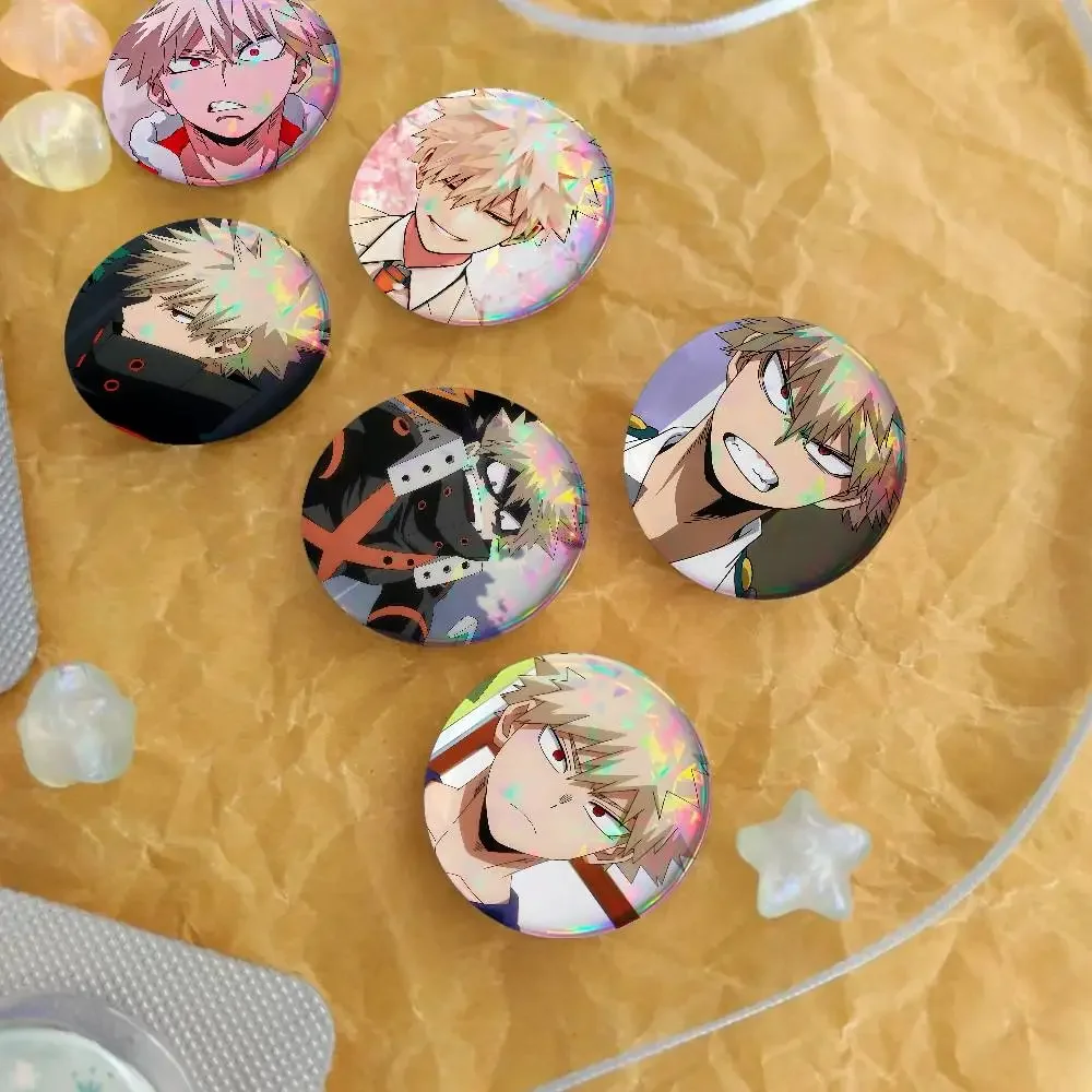 Cool Cartoon Katsuki Bakugo For Badge Laser Holographic Custom Badge Image Metal Lapel Brooch For Clothing Backpack Decorative