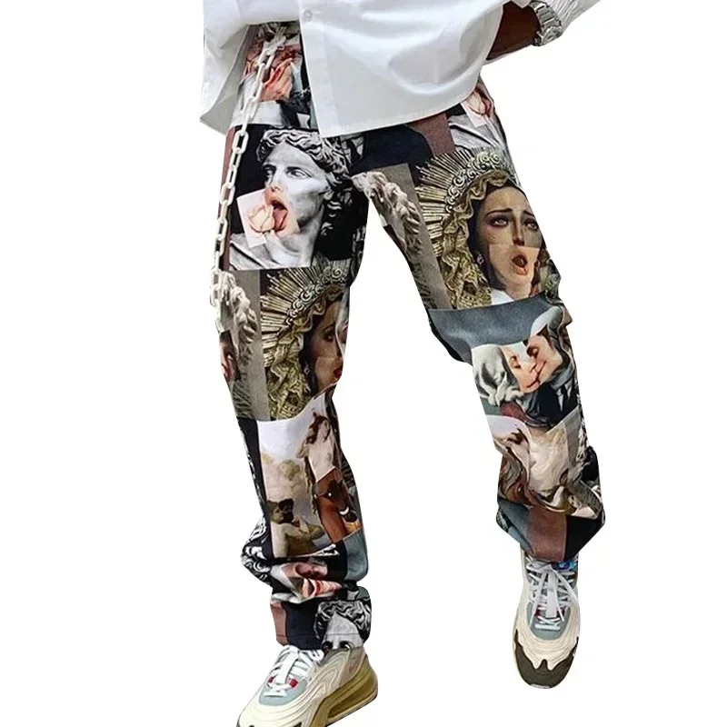 Mens Pants Spring/Autumn Streetwear Printed Straight Loose Mid Waist Casual Trousers Fashion Full Length Pant for Men