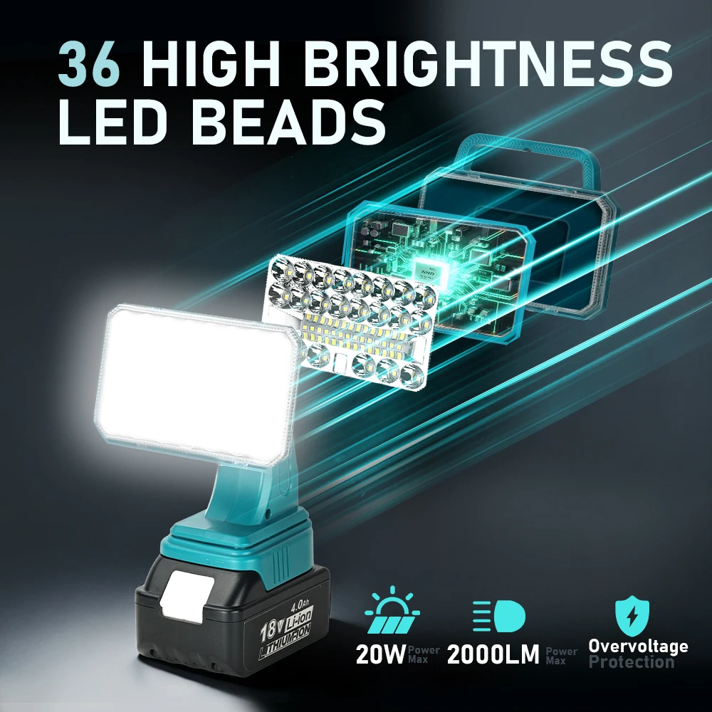 Cordless LED Work Light Compatible with Makita 18V Battery 2000LM Flashlight Portable Flood Light for Hiking Camping(No Battery)