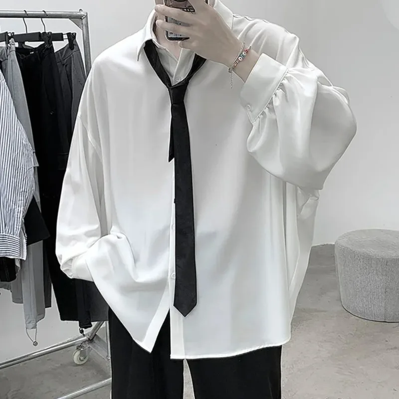 

Korean Style Men's Long-sleeved Shirts Black Tie Cozy Casual Solid Oversize Blouses Breathable Loose Shirt Harajuku Male Clothes