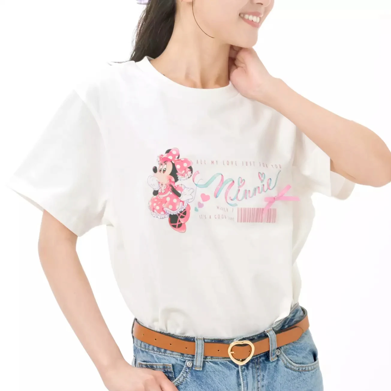 

Женская футболка Disney Minnie Mouse, милые розовые и белые футболки с мультяшным рисунком, повседневные хлопковые футболки с короткими рукавами, летняя уличная одежда, топы