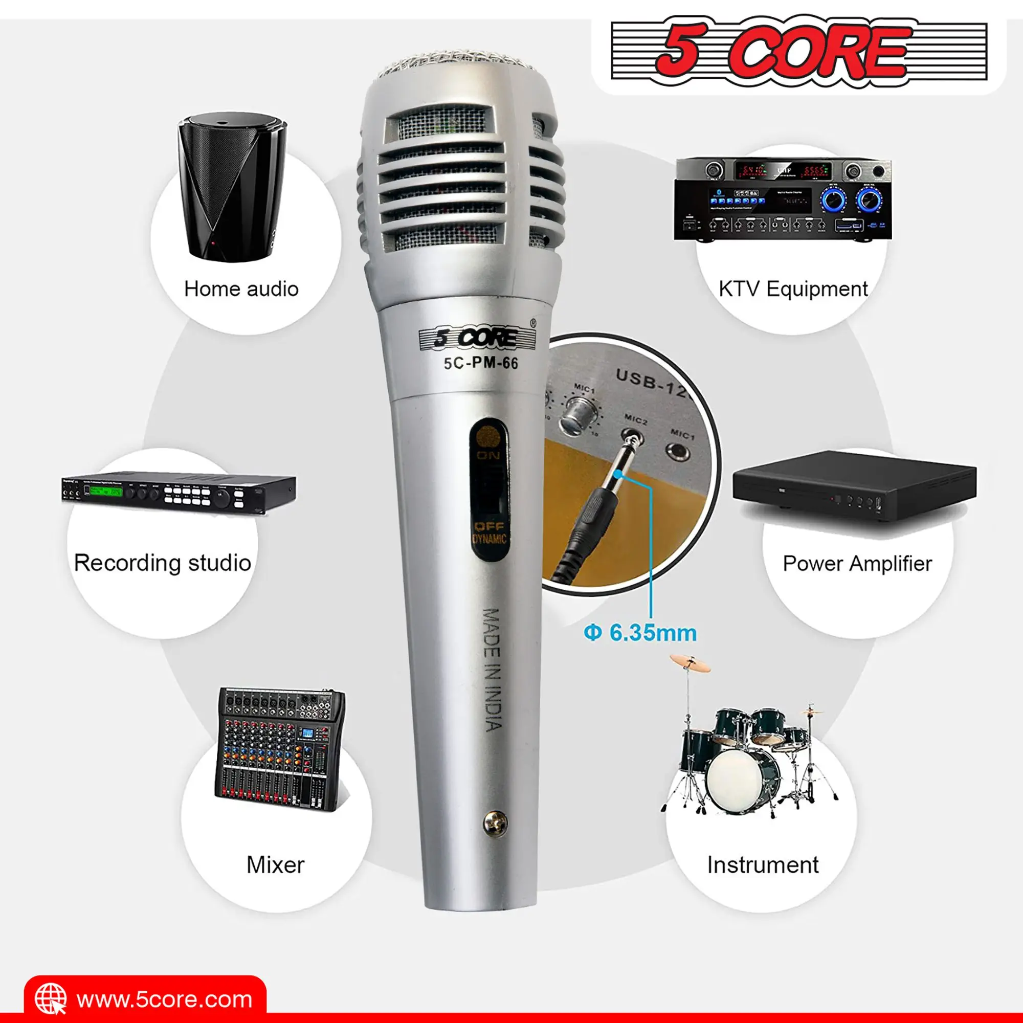 5 CORE Microphone Dynamic Vocal Handheld Mic Cardioid Unidirectional Microfono w On Off Switch + XLR Audio Cable for Singing