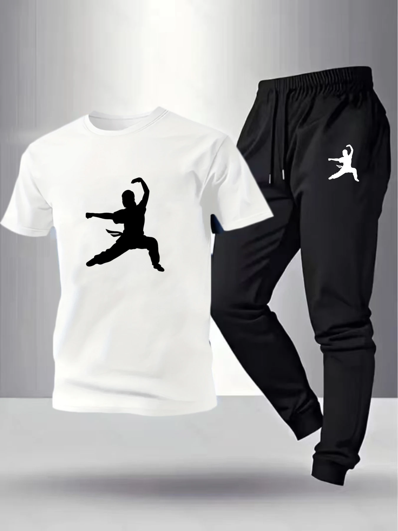 

2026 New Casual Fashion 2-Piece Cotton T-Shirt and Pants Set with Dynamic Martial Arts Silhouette Prints