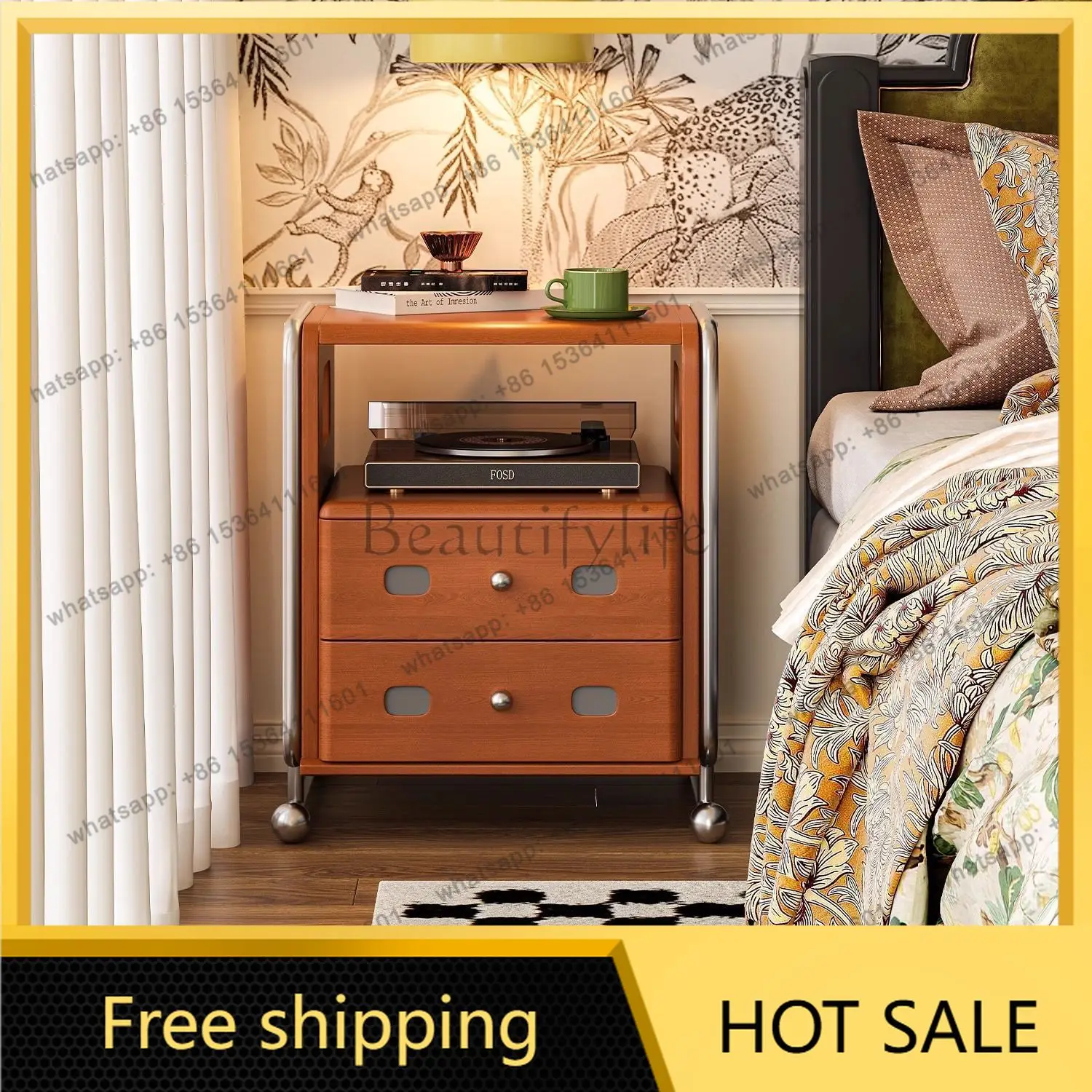 Zj. French retro solid wood treasure box bedside table stainless steel medieval bedroom side cabinet