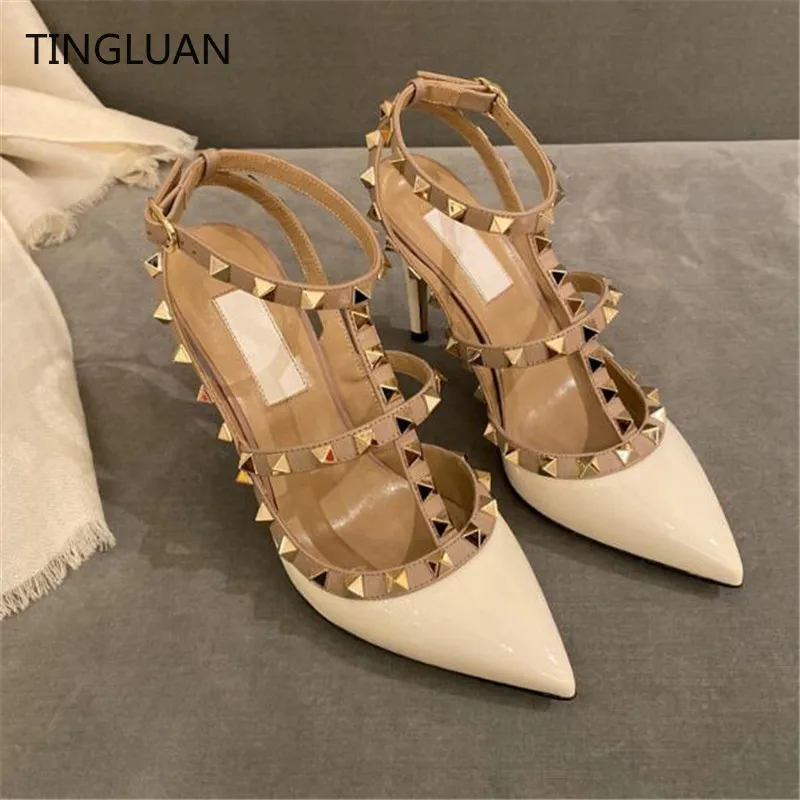 Brand Women Sandals Rivets 2022 Luxury Sexy Pointed Sandals Super 6cm 8cm 10cm High Heels Red Wedding Shoes Big Size 44