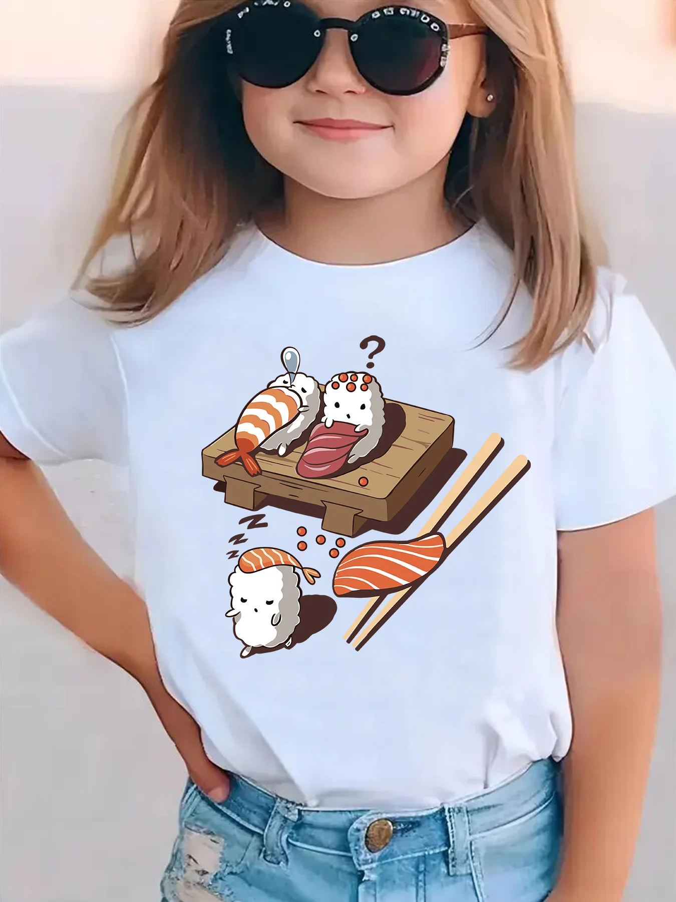 Cute Cartoon Sushi Salmon Chopstick Board Print Family Matching Cotton Tees Short Sleeve Tops For Mom Dad Boys Girls Daily Wear
