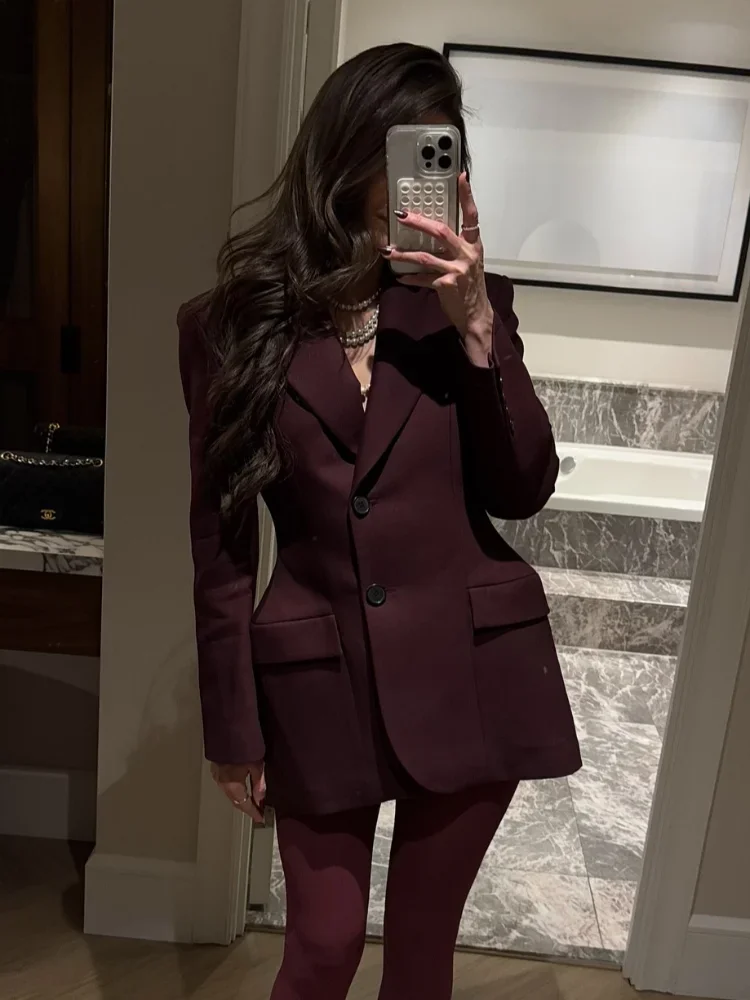 Women Wine Red Slim Woolen Blends Suit Jackets Elegant Pockets Lapel Single Breasted Coat 2025 Female Chic Street Office Outwear