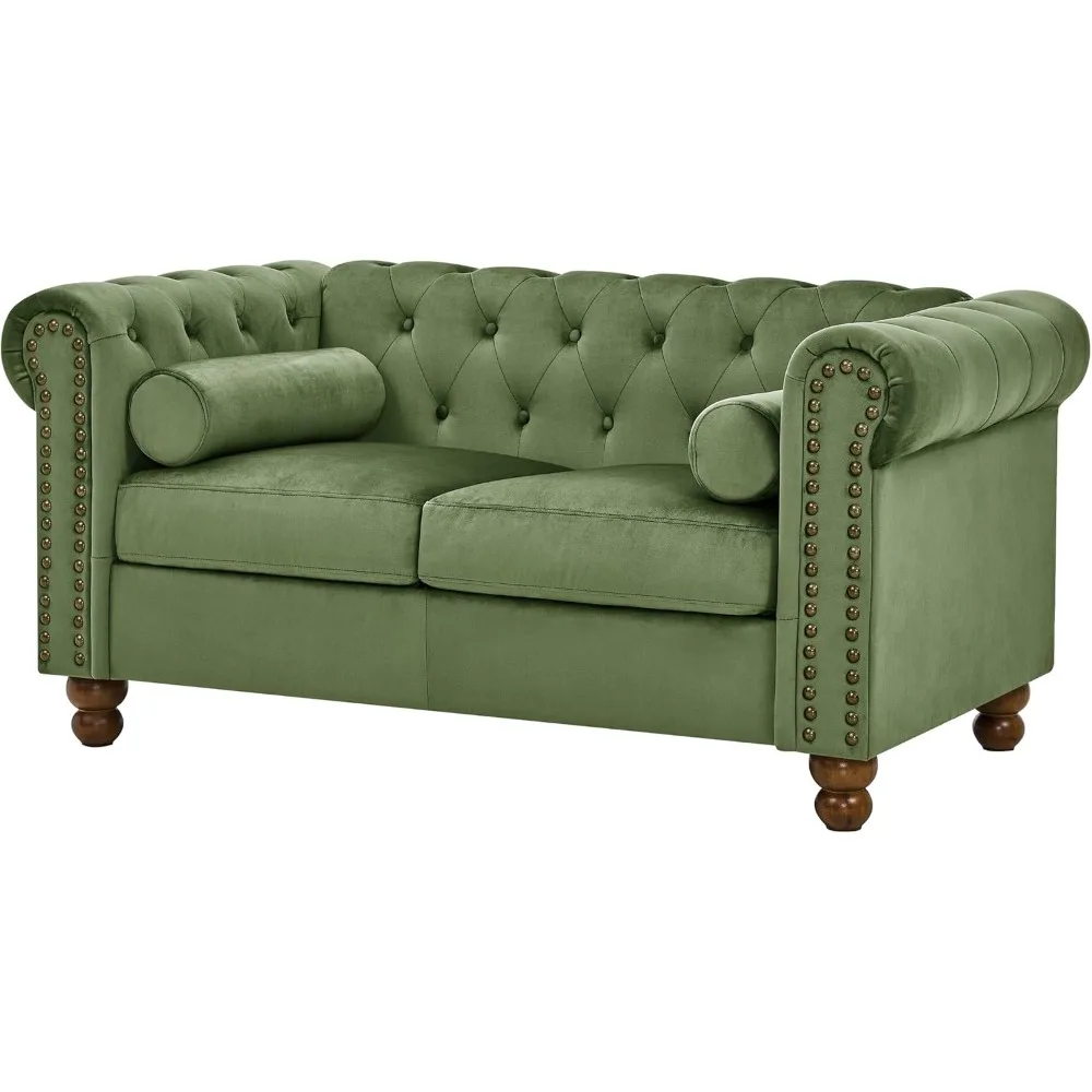 

Velvet Loveseat Couch, Rolled Arm 2-Seater Tufted Sofa with Nailhead Trim and 2 Neck Roll Pillows, Living Room Small Apartment