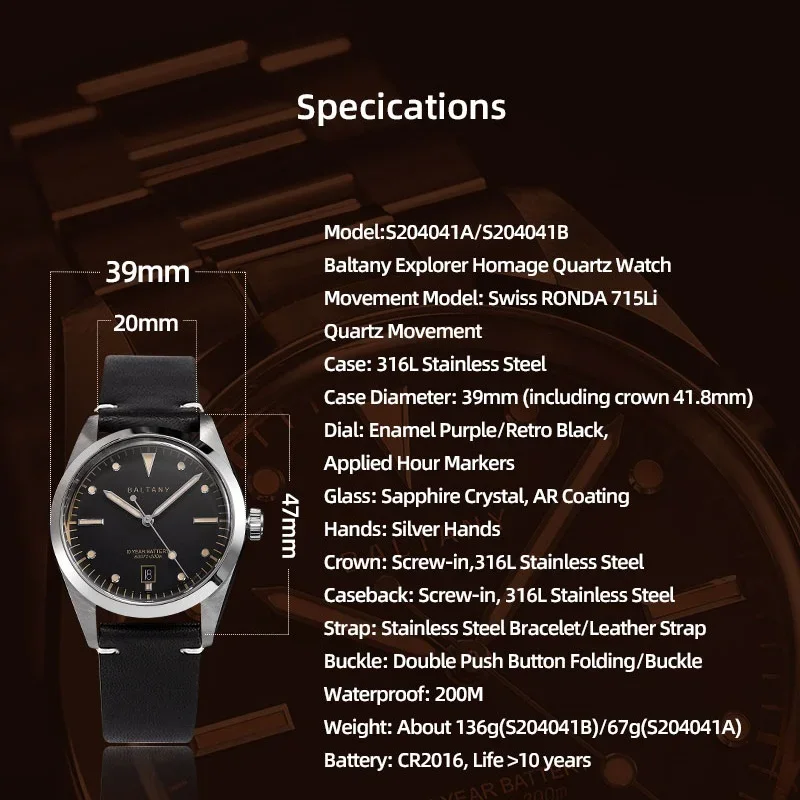 Baltany 2025 Neue Männer Quarzuhr Ronda 715 Hommage S4041 Sapphire Kristall Wasserdicht 200 m Edelstahl Reloj Hombre