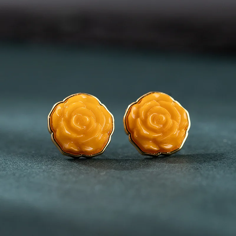 

S925 Silver Gold Plated Inlaid Natural Amber Chicken Fat Yellow Beeswax Rose Flower Earrings Silver Jewelry Women