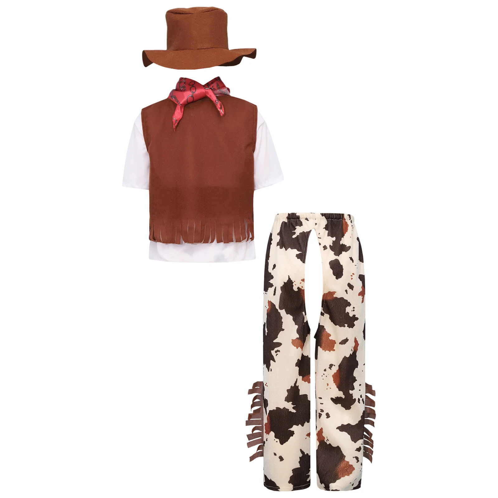 6Pcs Boys Western Cowboy Costume Short Sleeve T-shirt with Pants Vest Hat Bandana And Waistband Set Halloween Cosplay Clothes