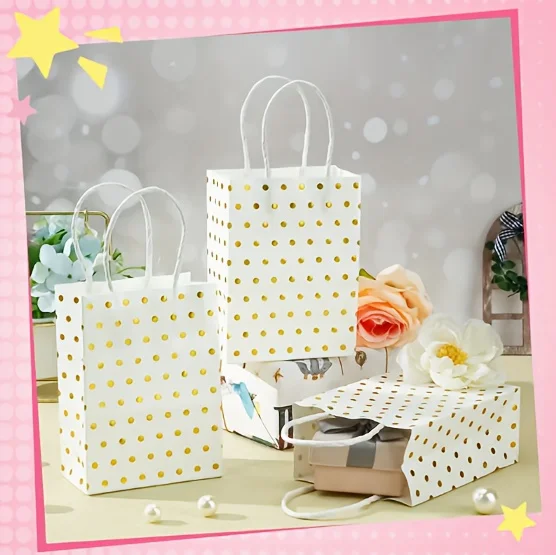 12 Stück Tragetaschen mit Heißprägung und Polka Dots, Mini-Geschenkverpackungstaschen aus Kraftpapier, geeignet für Party-Geschenkverpackungen, Weihnachtsgeschenke – Detail 4