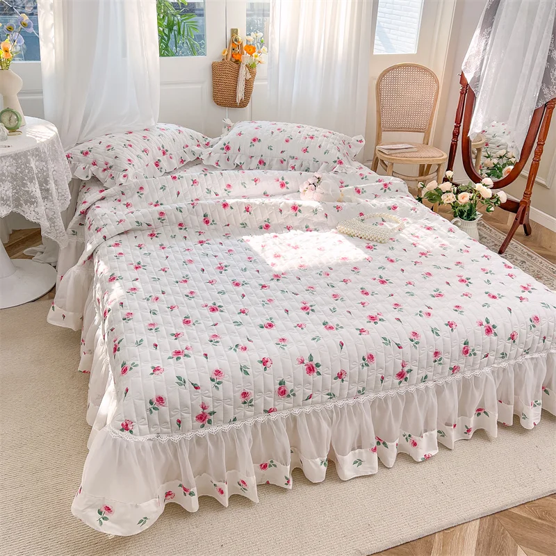 

High Quality Organza Cotton Thicken Bed Cover Quilted Princess Lace Bed Skirt Bed Sheet Bedspread Mattress Cover Pillowcases #/