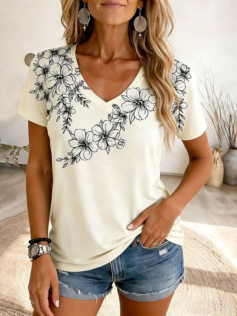3D Flower Print Women's T-Shirts Fashion V-neck Short Sleeve Tees Summer Casual Loose Top Women Simple Versatile Female Clothing