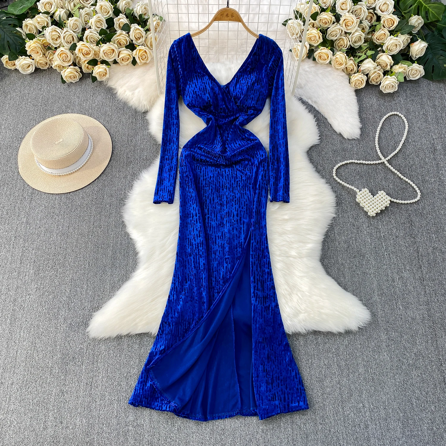 Chic vintage velour slim long sleeve Elegant Fairy korean fashion autumn Sundress women clothing