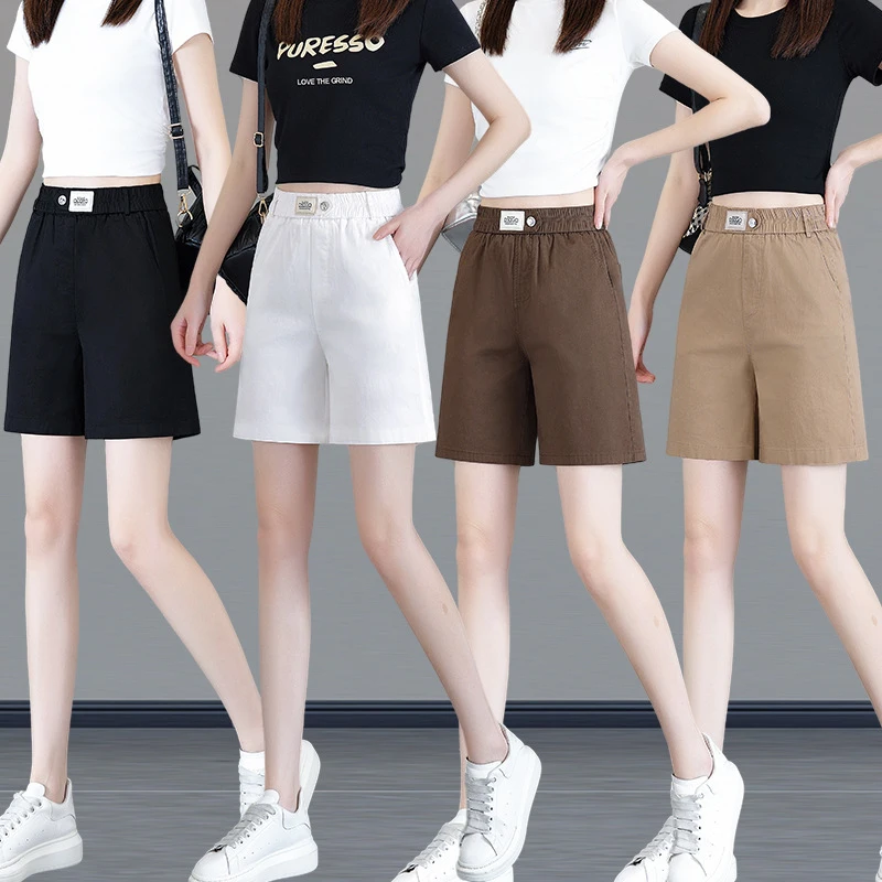 

Летние легкие шорты-костюм 2024: повседневные шорты с высокой талией однотонного цвета, широкие брюки из стираного хлопка для женщин