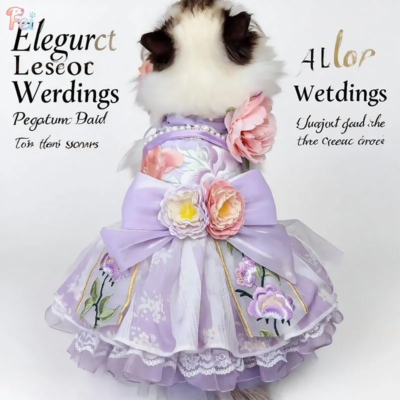 

Dreamy Lavender Pet Bridal Outfit, Adorned with Embroidered Flowers and Ruffles, Ideal Dog Dress for Wedding and Celebrations‌
