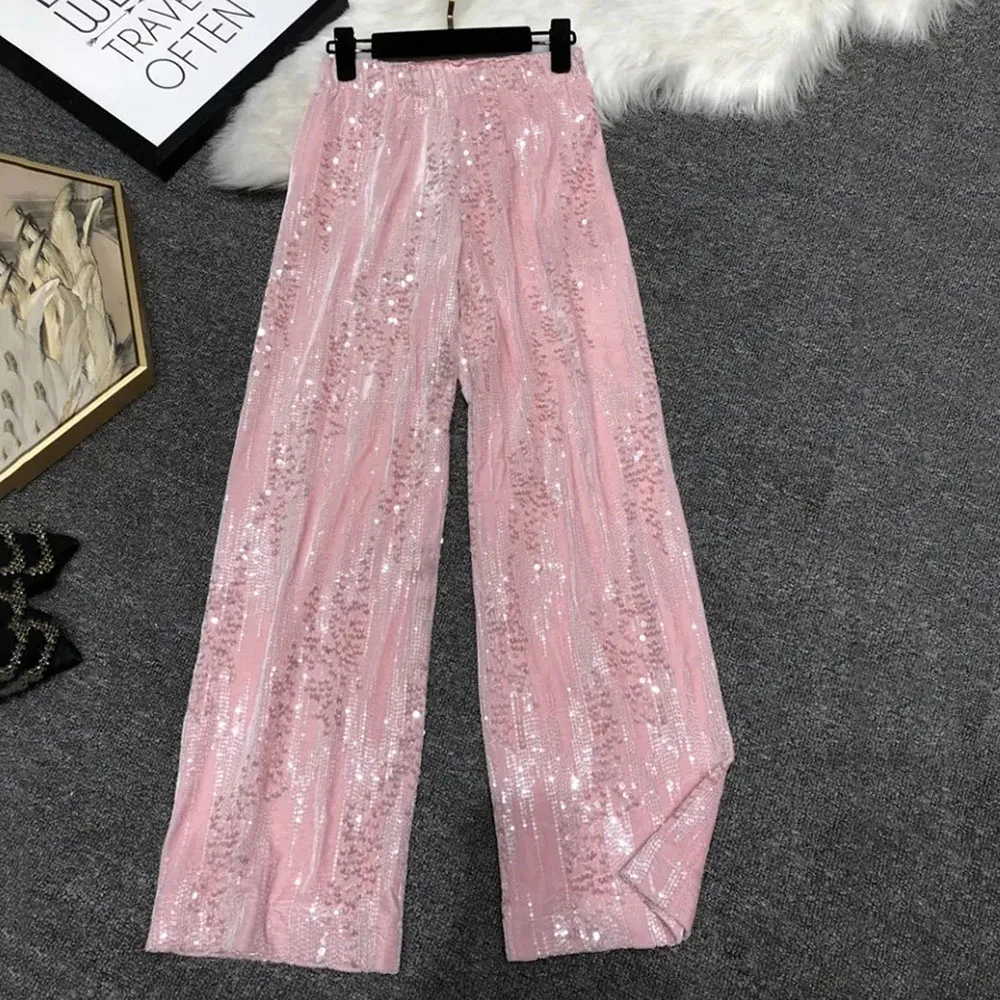 

Spring Summer 2024 New Women Pants Fashion Embroidery Sequins Straight Trousers Ladies Shiny Swan Suede Wide Leg Pants Female