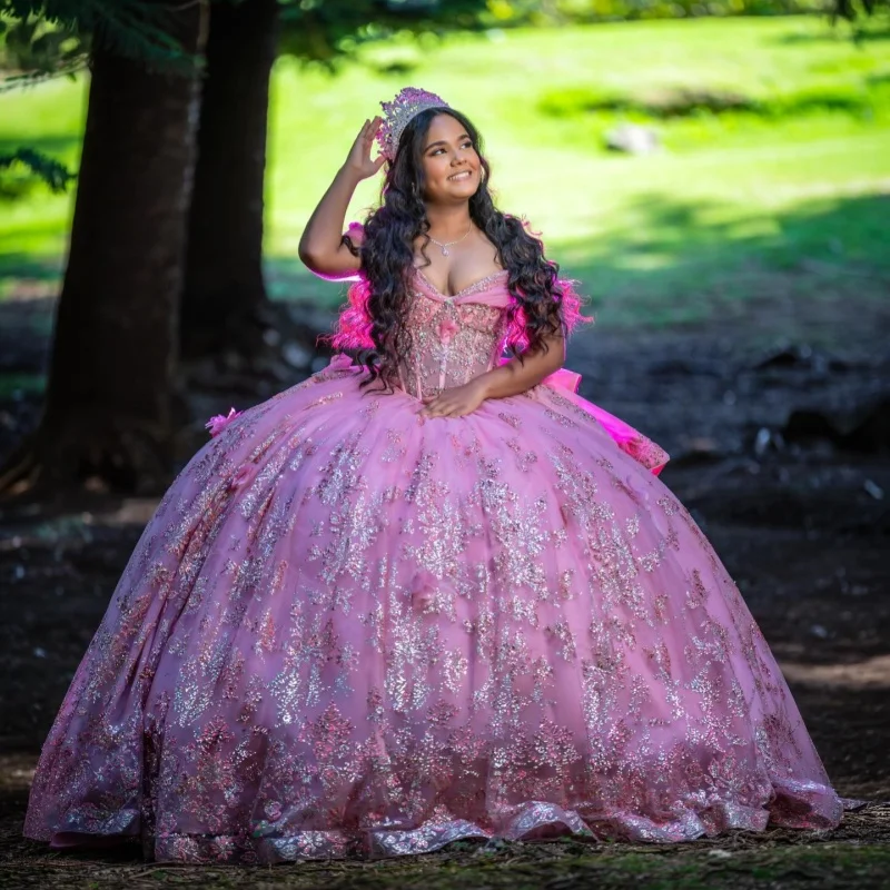 

Pink Quinceanera Dress off-shoulder Glitter Crystal 3D Flower Decal Layering Long tail Bow vestidos de 15 Quinceanera ﻿Customize