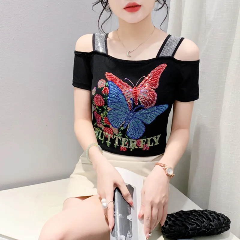 2024 New Summer European Clothes T-Shirt Women Sexy Off Shoulder Fashion Butterfly Shiny Diamonds Slim Tees Tops