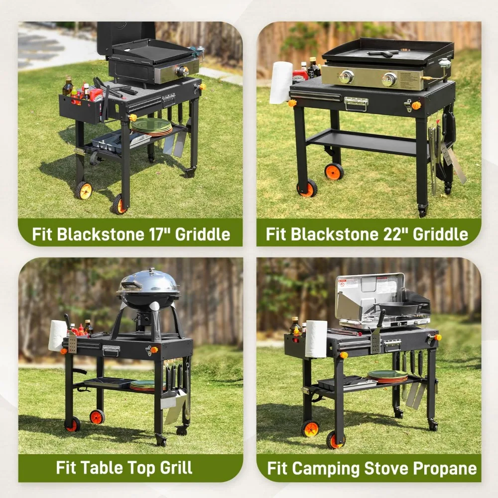 Table de gril portable pour l'extérieur, support de gril solide et robuste, chariot de barbecue de préparation de cuisine mobile avec roues, chariot de gril pliant