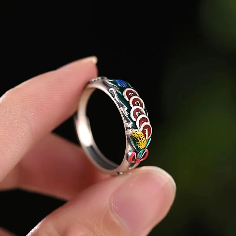 

Vintage Five Emperors Coins Cloisonne Enamel Ring Female Personality Peanut National Style China-Chic Mouth Ring