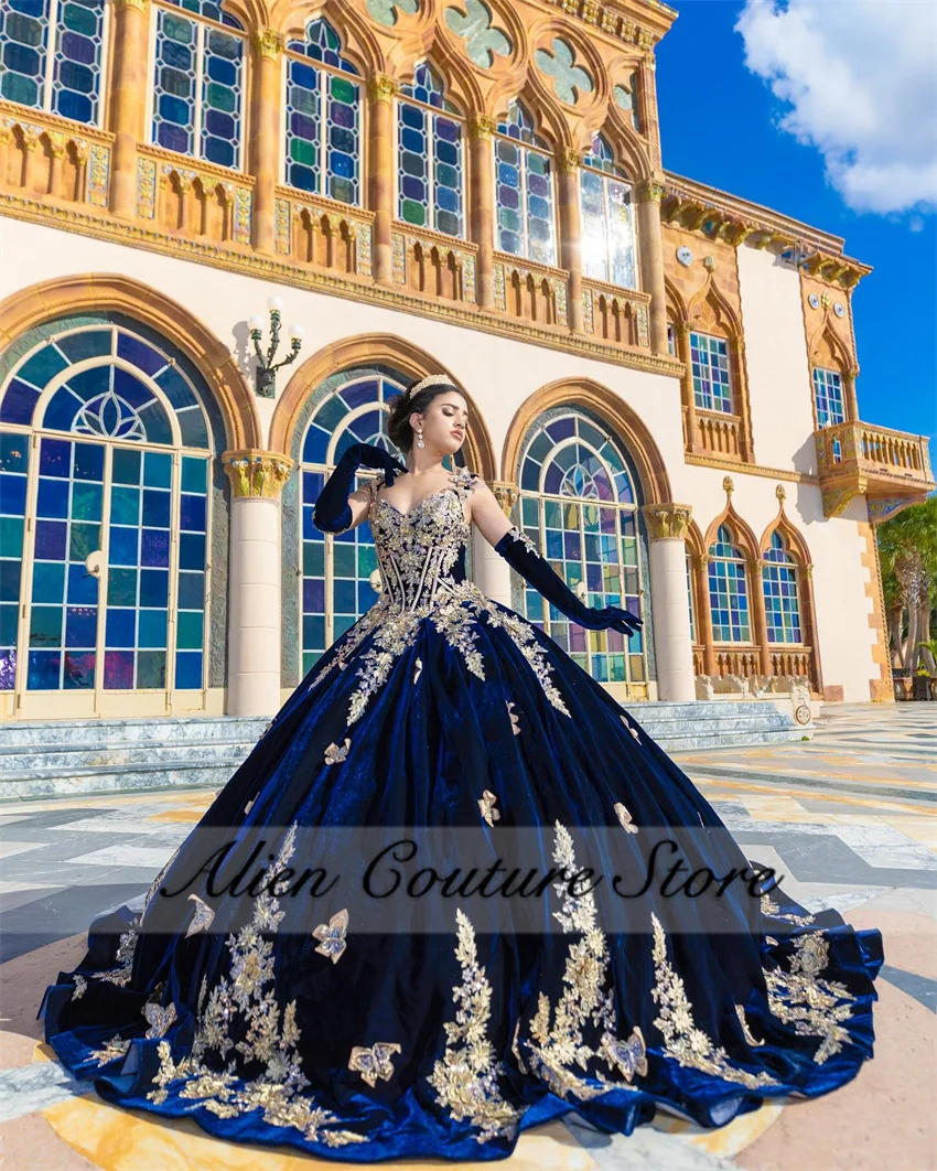 Navy Blue Velvet Quinceanera Dresses Flower Butterfly Appliques Princess Brithday Party Gown With Gloves Vestidos Customized