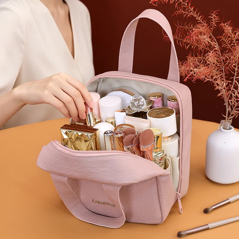 Soft Wrinkle Resistant Fabric Makeup Bag, Portable Cosmetic Organizer with Wide Opening Design for Easy Daily Cosmetics Access