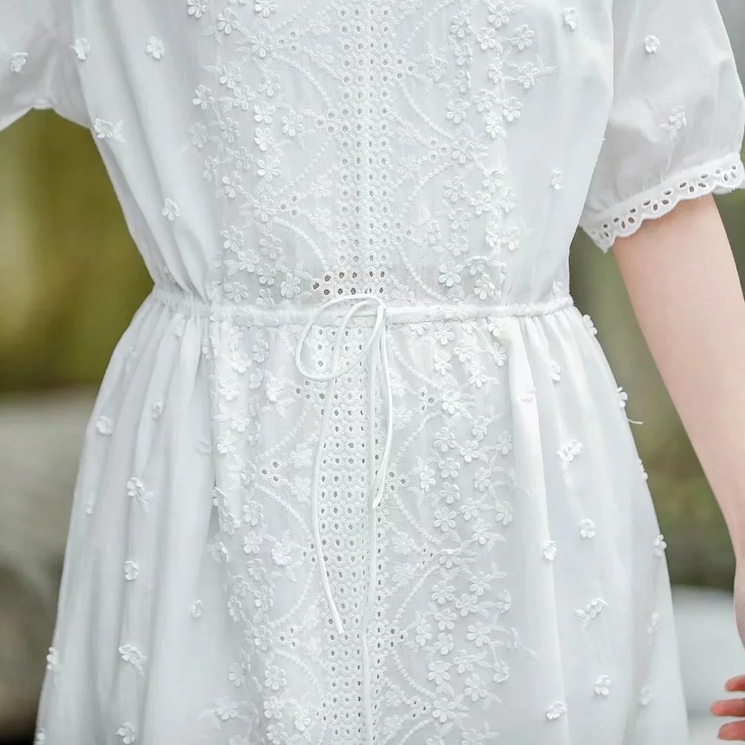 Sweet Mori Girl 3D Flowers Stitch Embroidery Cotton Midi Dress Women Summer V-Neck Short Sleeve White Long Desses