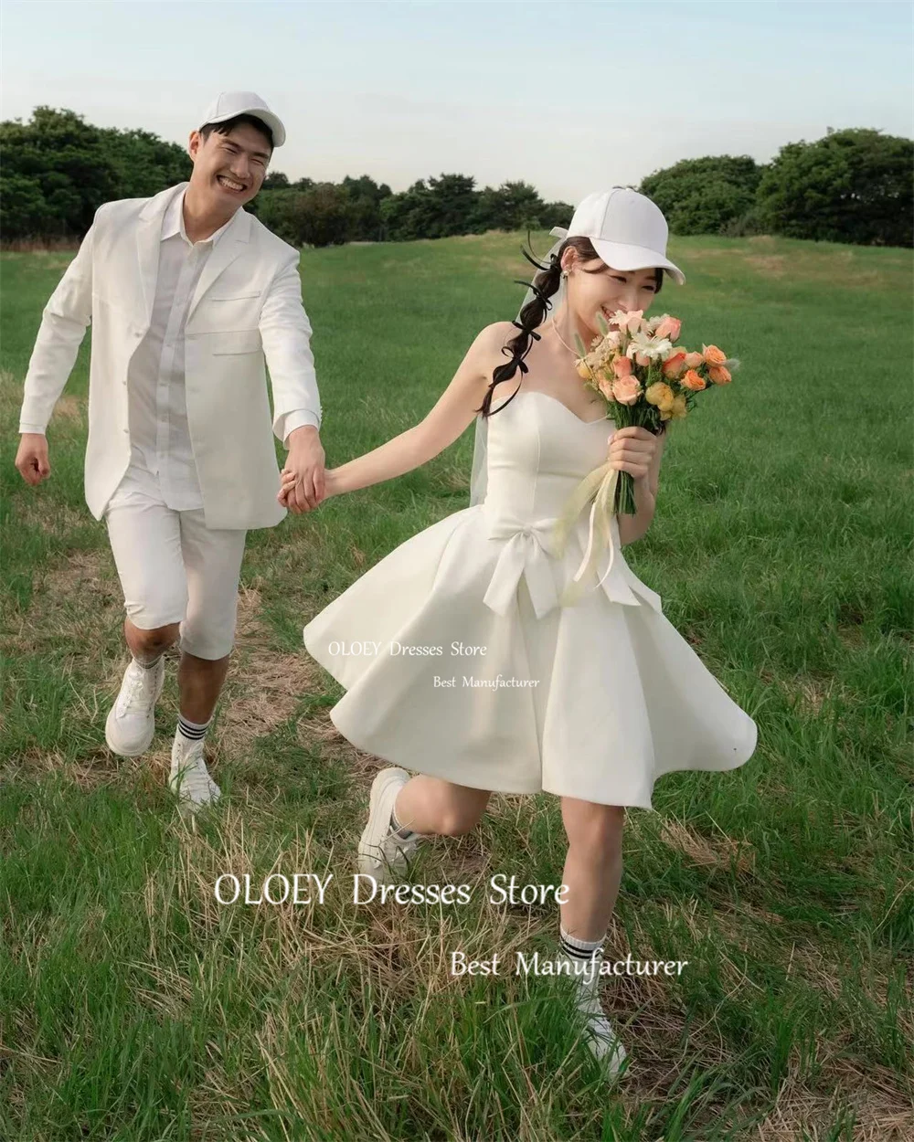 OLOEY-Mini vestidos de novia cortos sin mangas, vestido de fiesta de boda, sesión de fotos, satén, longitud hasta la rodilla, novia de campo de jardín