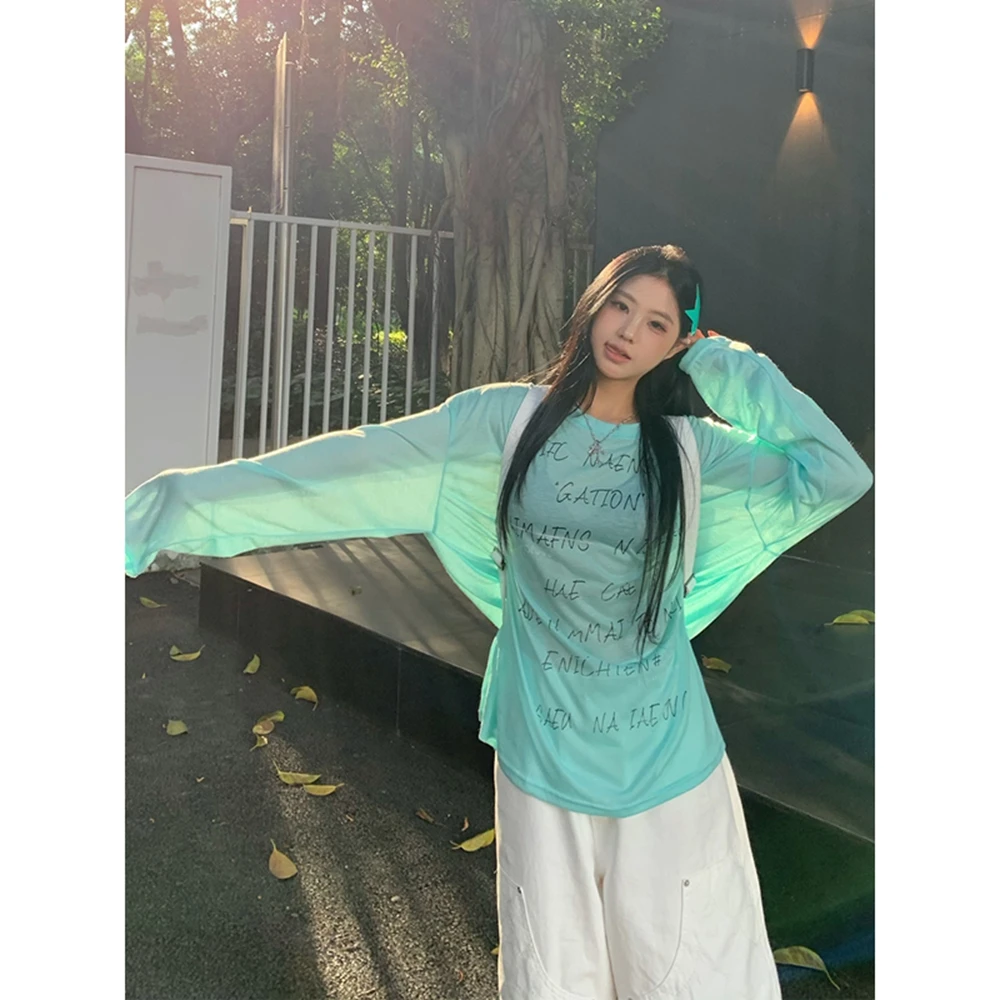 تي شيرت نسائي بأكمام طويلة تي شيرت نسائي صيفي قطني بحاشية فضفاضة مهواة سريعة الجفاف ملابس خروج نسائية متعثرة #2