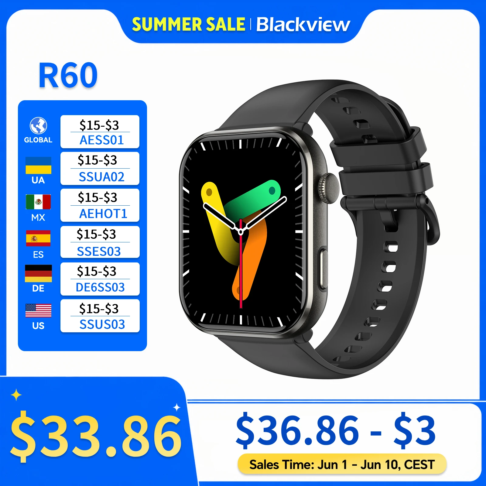 [World Premiere] Blackview R60 Smartwatch 1.96'' AMOLED Display 800mAh Bluetooth Phone Calls Health and Fitness Tracking Watch