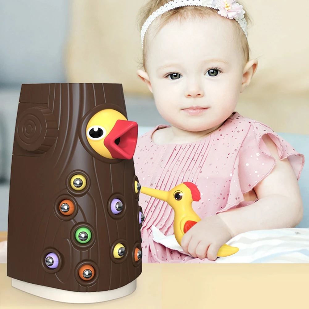 Montessori Baby Wooden Toys Magnetic Woodpecker Catching Worms Feeding Fishing Game Set Educational Toys for Kids Birthday Gift