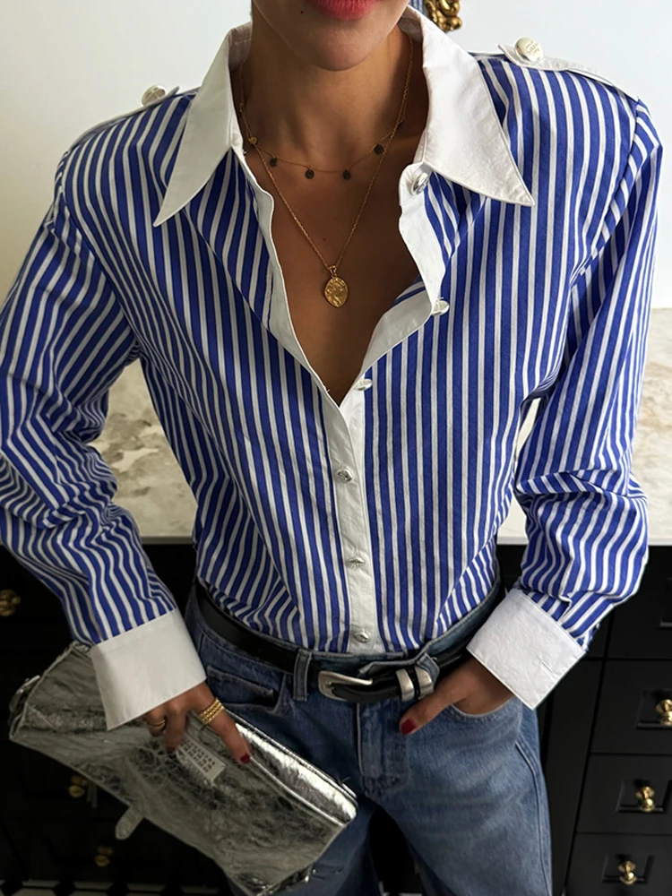 

Color Block Shirt Women Korean Striped Loose Casual Fashionable Korean Version Long Sleeve Blouse Top