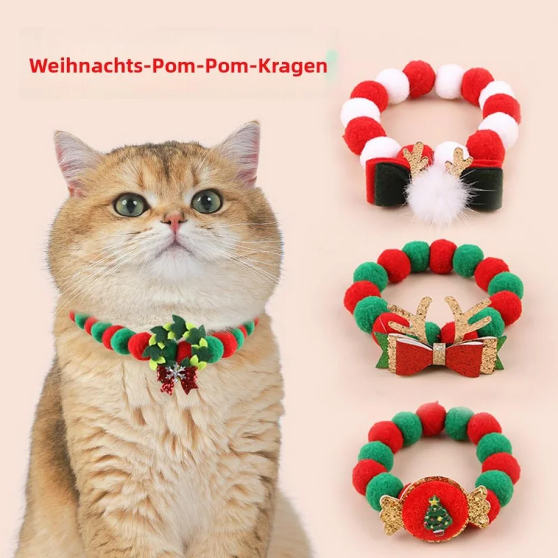 

Pet Christmas bell pom-pom necklace, dog and cat collar with bells, colorful pom-pom collar ornament
