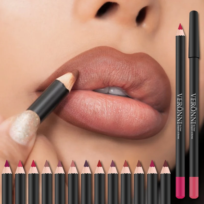 VERONNI matita per labbra idratante, non sbiadisce e impermeabile a 13 colori lucida per labbra opaca eyeliner per labbra