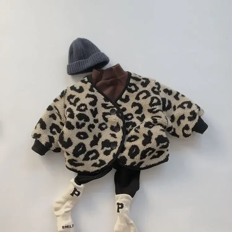 Korean Children Clothing Spring Autumn and Winter Jackets Fashion Leopard Print Lamb Down Children Plush and Thickened Jackets