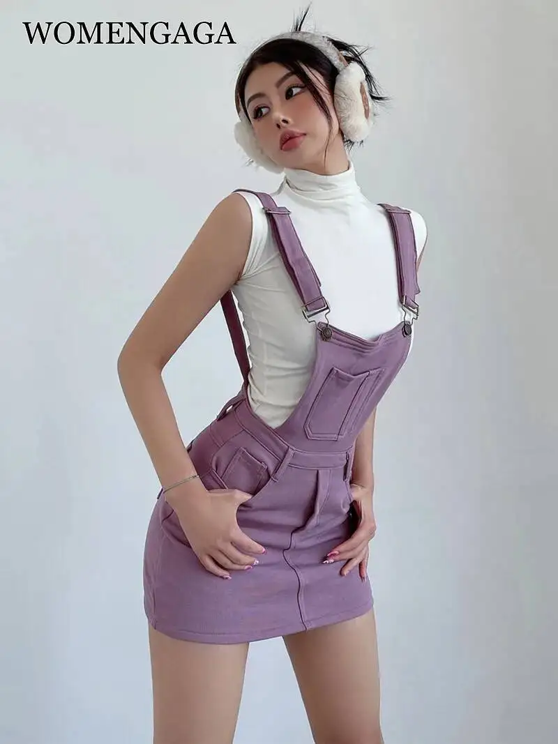 WOMENGAGA Amerikanisches verstellbares Strick-Träger-Minikleid, Denim-Damen, schmale Trägerkleider, hohe Taille, lila, süßer Sommer, FPQ4