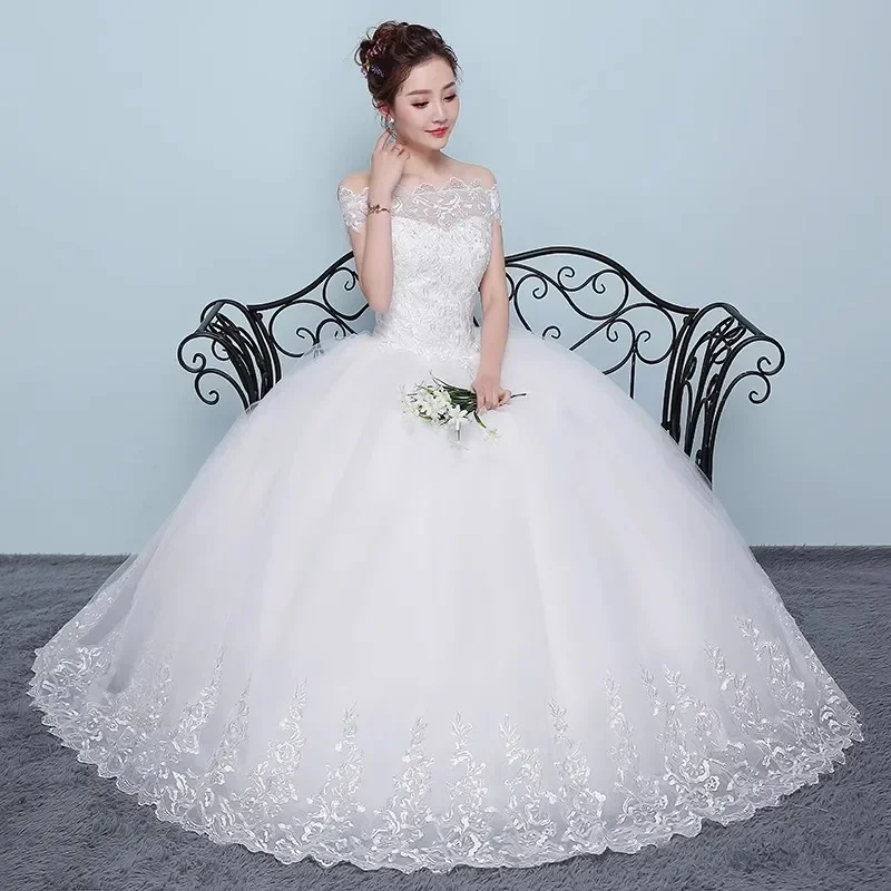 Simple Wedding Dresses Cheap White Off the Shoulder Embrodiery Lace up Princess Floor-length Plus size Bride Ball Gowns XN006