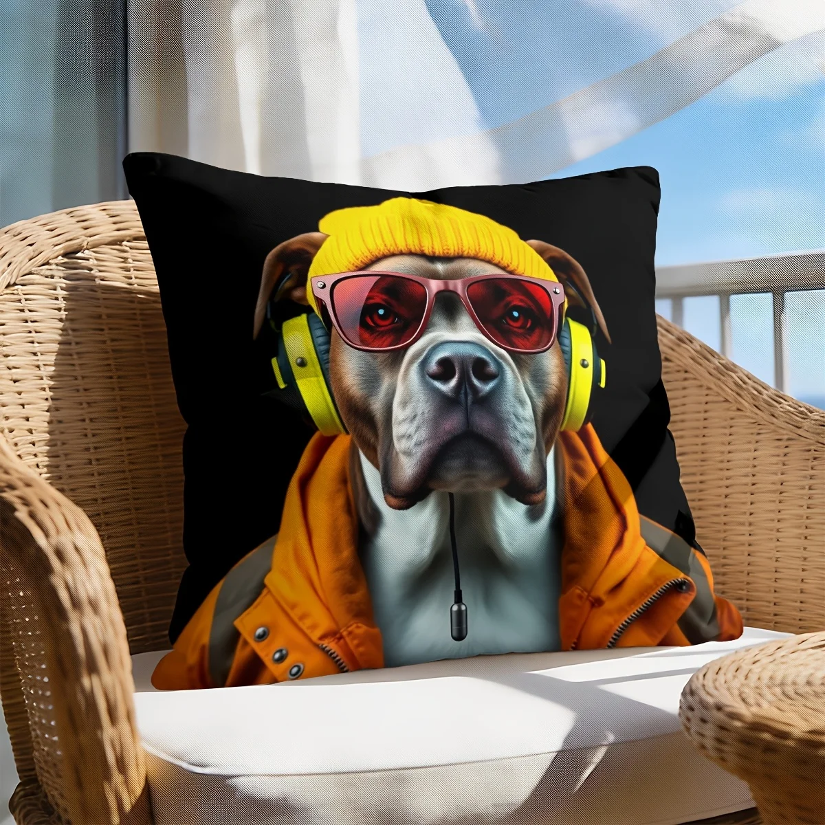Funda de Almohada con Diseño de Perro Genial con Audífonos y Lentes de Sol, Funda de Cojín Divertida con Dibujos Animados de Cachorros Hip Hop para Sala de Estar, Sofá, Dormitorio