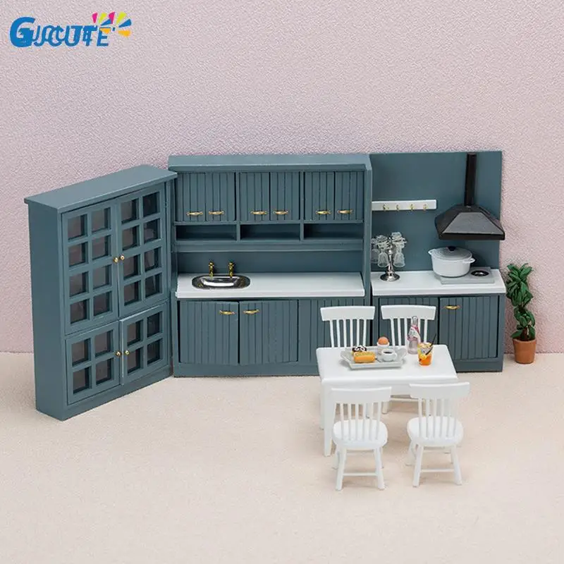 Armario de cocina para casa de muñecas, juego de muebles en miniatura de comedor, Kit de muñecas de madera a escala 1/12, adorno de escena de la vida