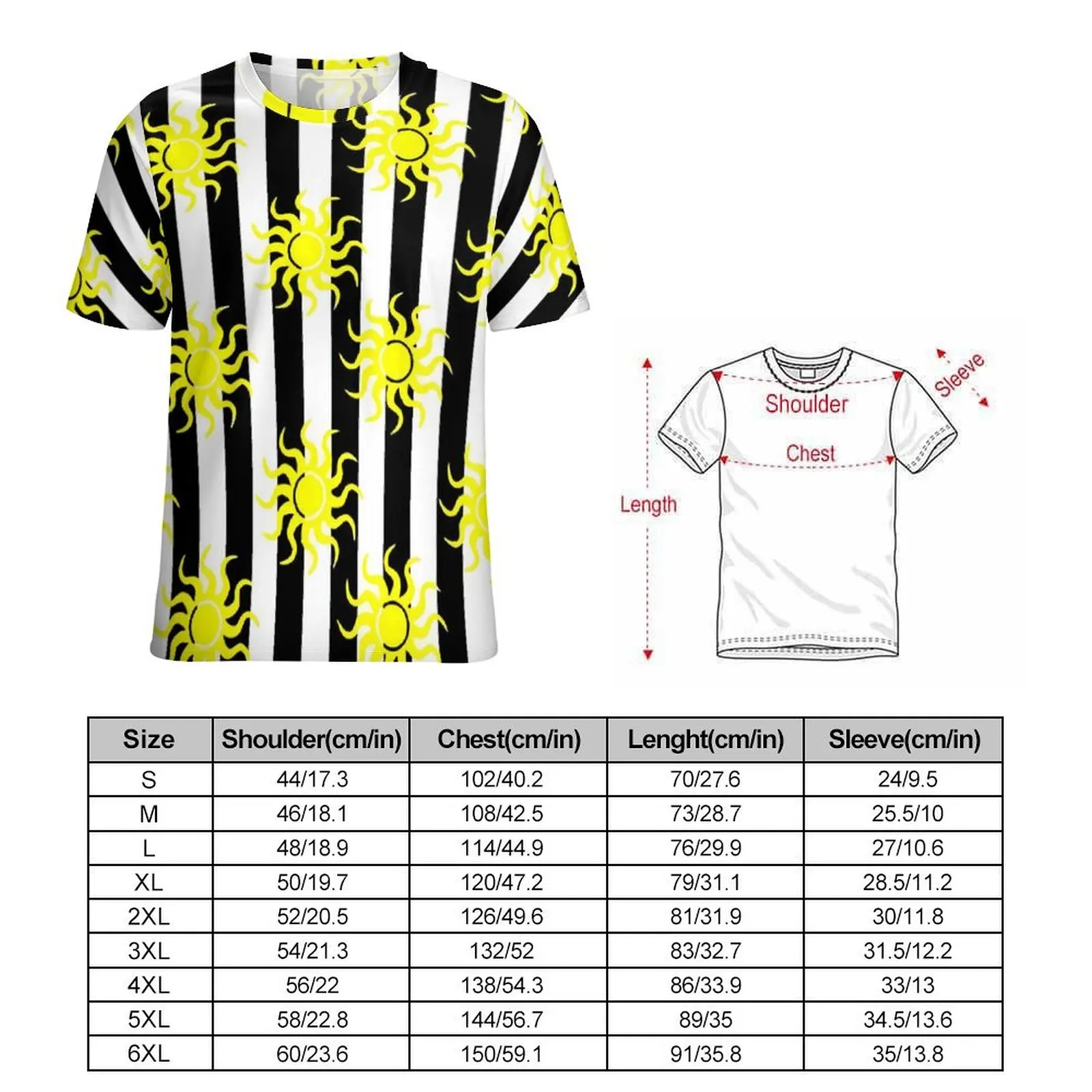 Black And White Stripes with Yellow Sun T Shirt Trending T-Shirts Men Casual Tshirt Summer Short-Sleeved Custom Tops Plus Size