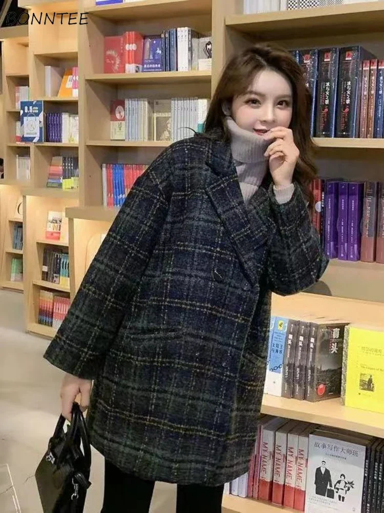

Winter Blends Women Vintage Baggy Plaid Wool Coat Gentle Commuter Fashion Warm French Style Streetwear Versatile Females Daily