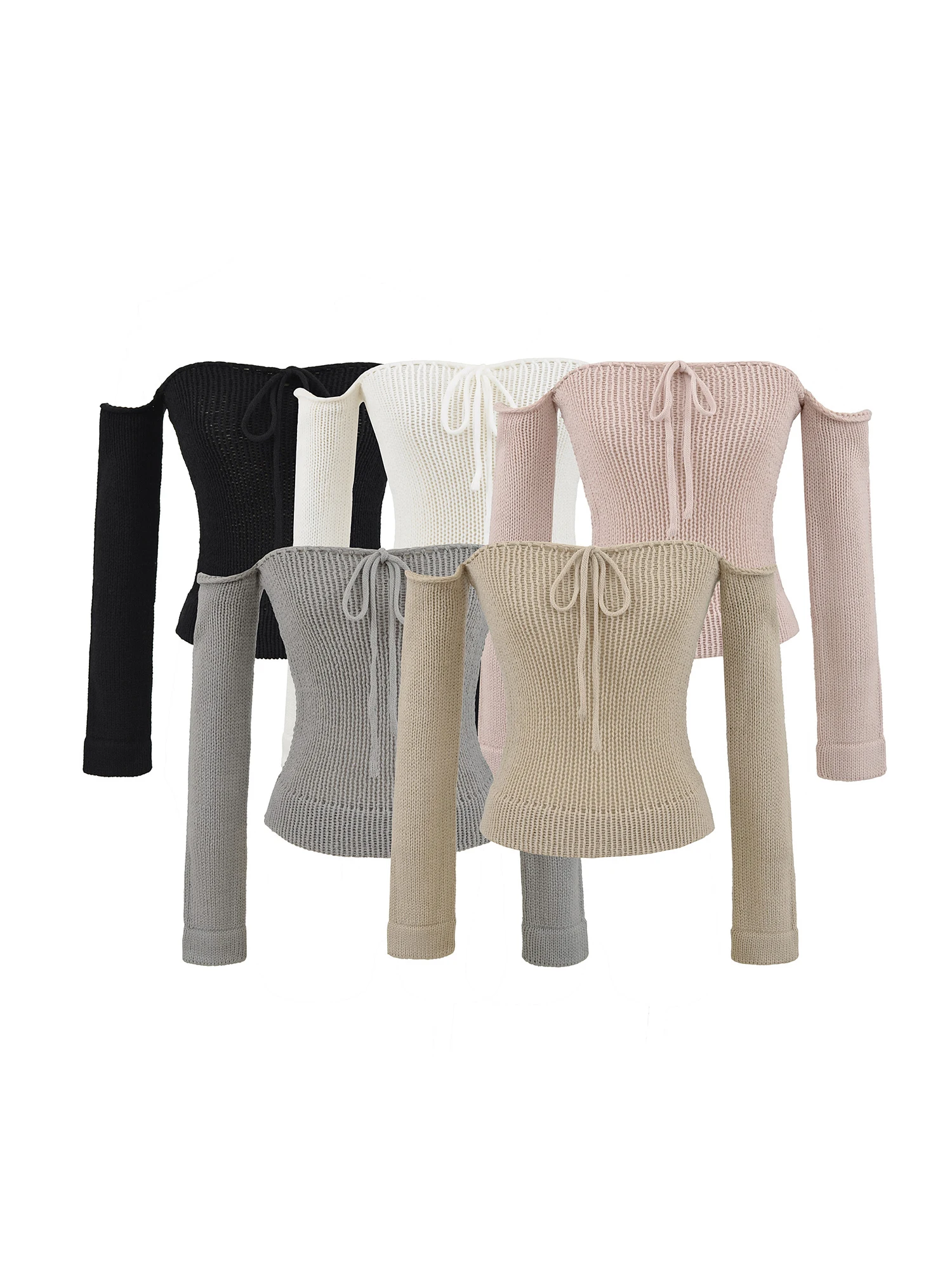 Women's Khaki Halter Off Shoulder Sweater Top 2000s Vintage Long Sleeve Jumper Lace-Up Knit Top For Women Clothes Spring Autumn
