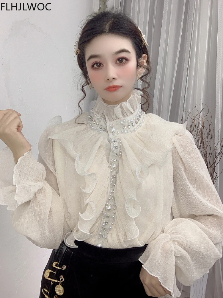 Turtleneck Basic Shirts Blouses Flare Sleeve Princess Bead Bling Elegant Office Lady Work Solid White Ruffled Chic Tops Blusas